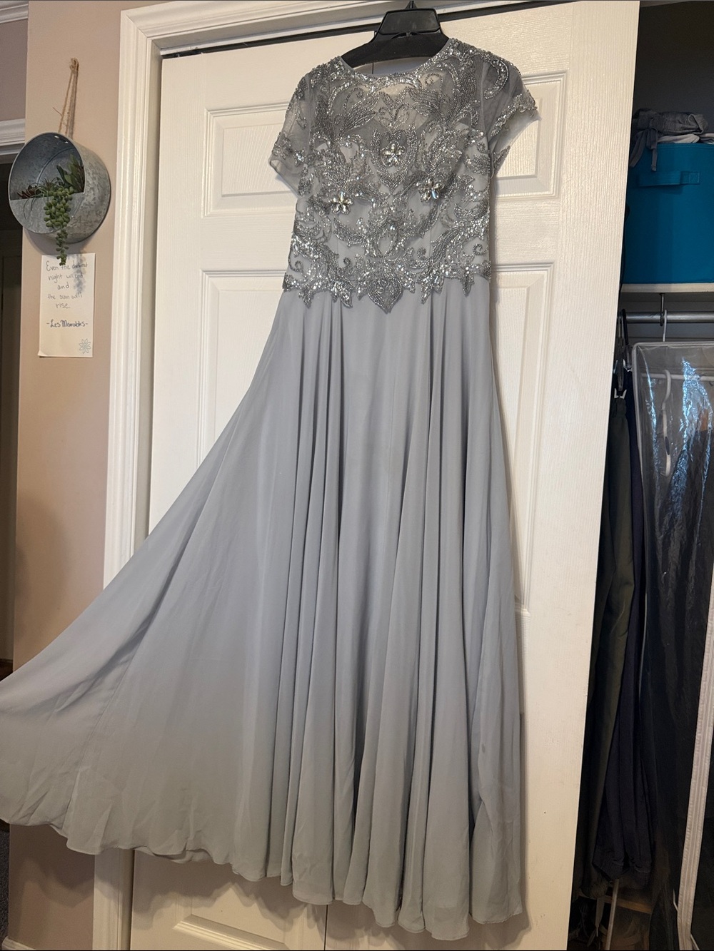 Xscape Silver-Gray Beaded Chiffon Maxi Dress